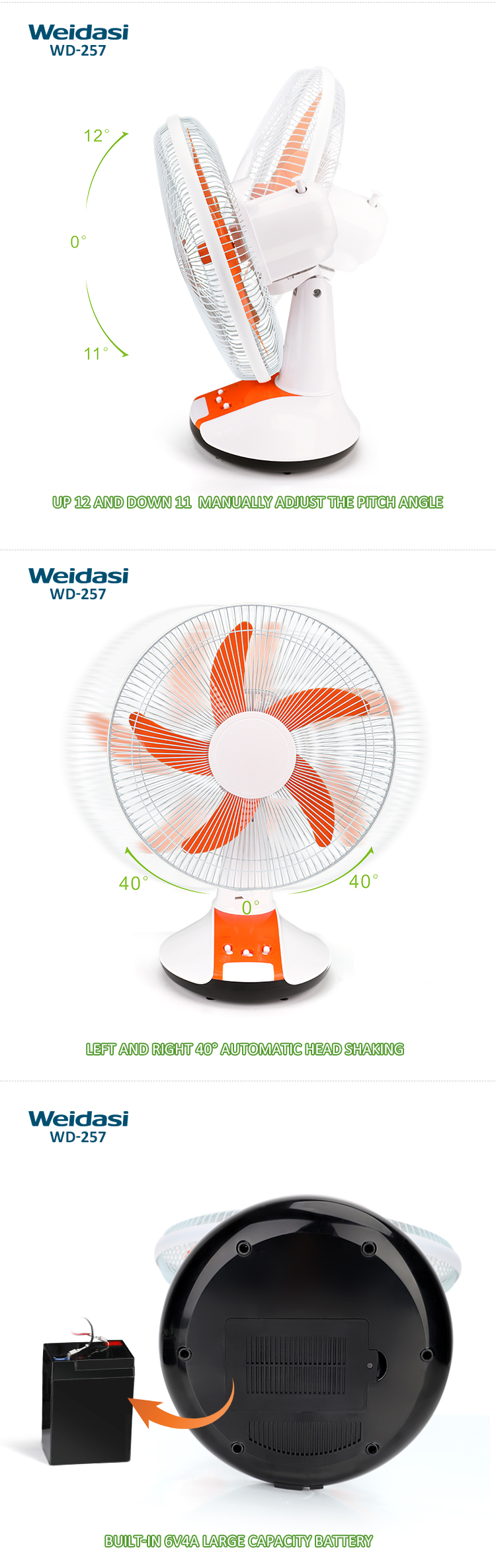 weidasi wholesale 14 inch electric fan cooling rechargeable table fan portable emergency stand fan