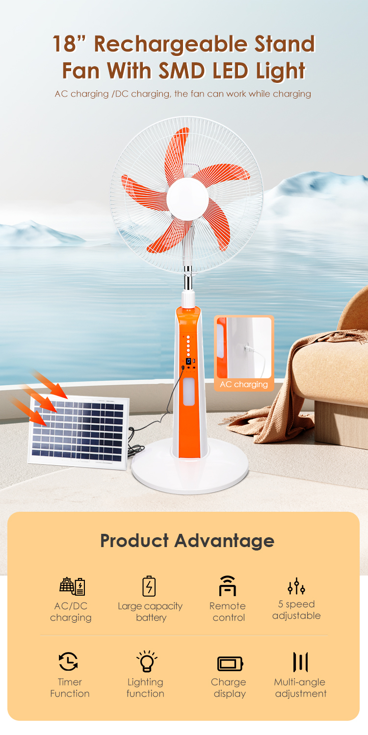 18inch rechargeable stand fan with smd led light electrical floor standing fan with solar panel 10w