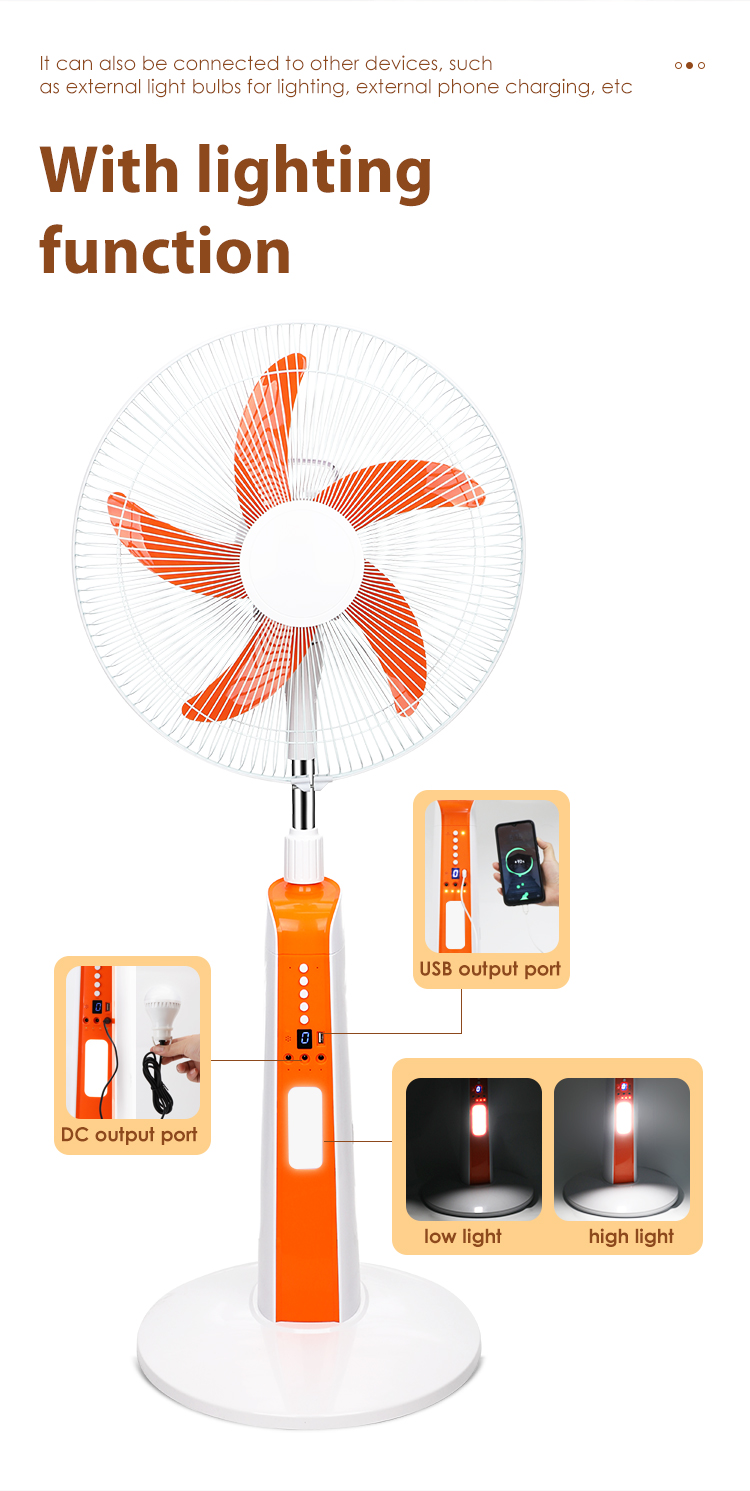 18inch rechargeable stand fan with smd led light electrical floor standing fan with solar panel 10w