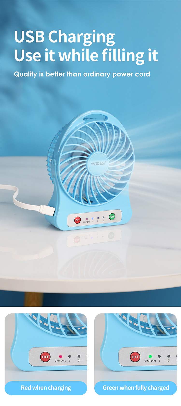 3 way speed electric mini hand standing fan rechargeable with usb desk fan for home office