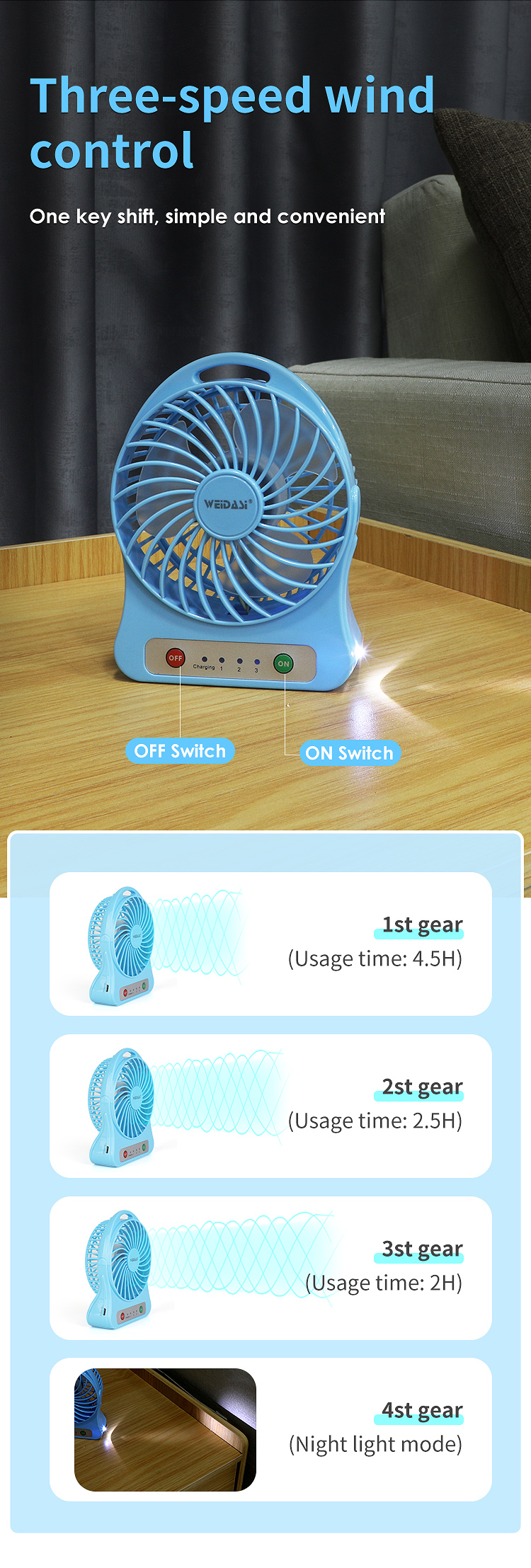 3 way speed electric mini hand standing fan rechargeable with usb desk fan for home office