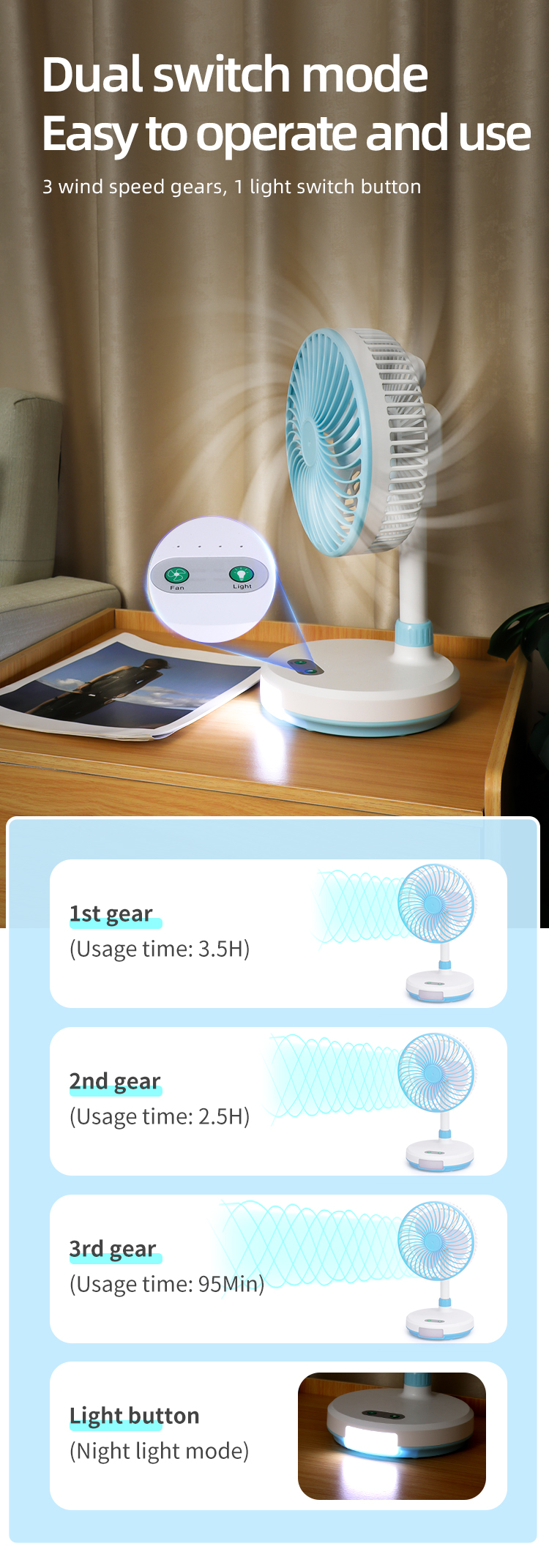 3 gears wind usb output port battery rechargeable table fan with light stand electric fan