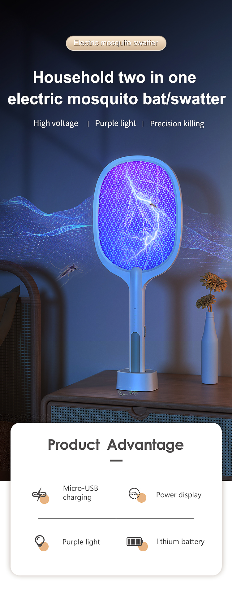 electric fly swatter led light rechargeable fly mosquito racket killer lamp