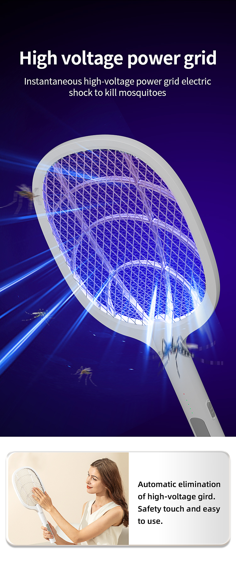 electric fly swatter led light rechargeable fly mosquito racket killer lamp